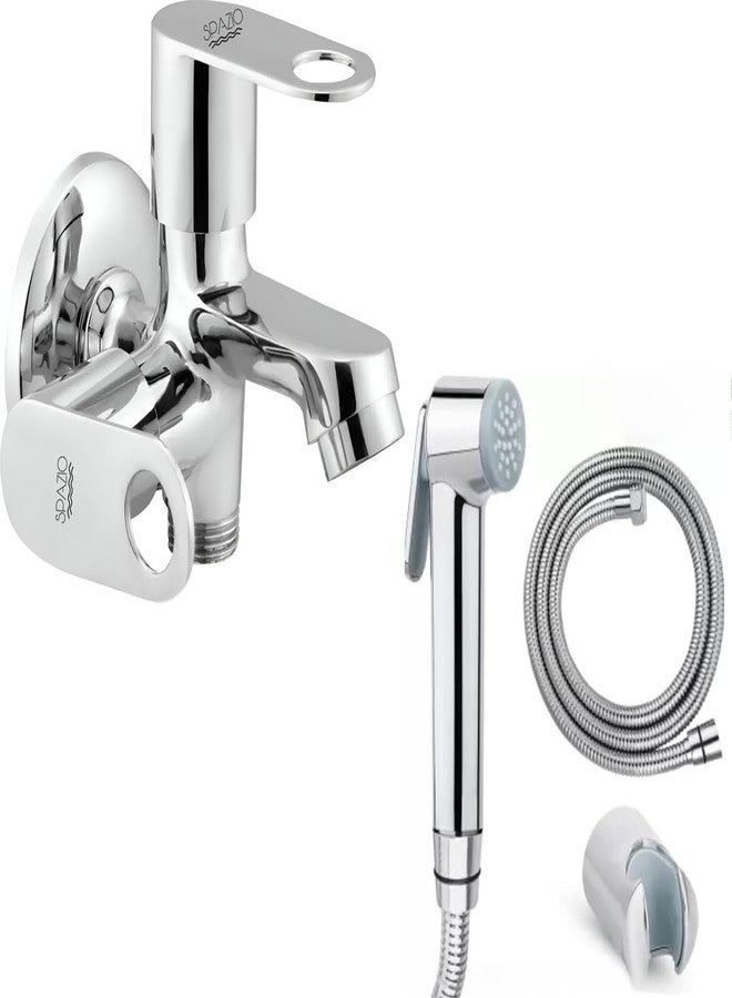 SPAZIO صنبور سبازيو أورناميكس ثنائي الاتجاه من النحاس | صنبور 2 في 1 (مجموعة من قطعة واحدة) ومجموعة صنبور ستار هيلث (أنبوب من الفولاذ المقاوم للصدأ بطول 1.5 متر) للحمام، مطلي بالكروم، فضي اللون، صمام مزدوج الكوع (نوع التثبيت على الحائط) - Image 1